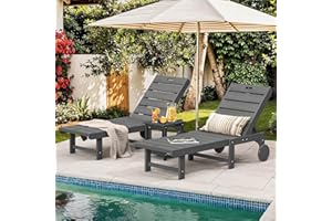 Homenjoy Outdoor Chaise Lounge Chairs with Table, 3-Piece, 26.8” Super Wide Lounge Chair Outdoor, HDPS Pool Chairs with 5 Positions, Patio Lounge Chair with Wheels for Pool,Lawn,Backyard, Dark Gray