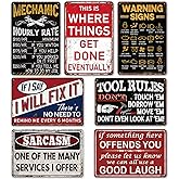 Funny Garage Metal Signs Vintage Man Cave Decor for Men - Retro Car Room Wall Art Posters, Mechanic Shop Signs & Mens Garage Gifts 7 Piece Set (8×12 Inch)