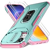 HakkTaoo Case for iPhone 13/iPhone 14 6.1-Inch Slide Camera Cover+Screen Protector(2 Packs), Military Grade Shockproof Protective Cover, Rotated Ring Kickstand with Camera Protection (Celadon+Pink)