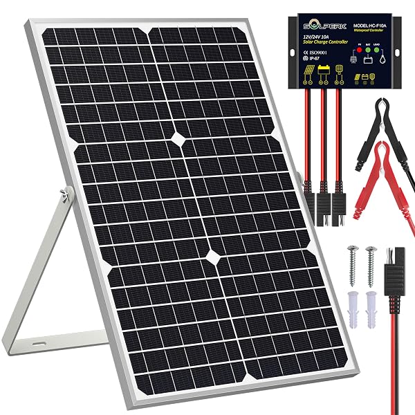 SOLPERK SOLAR PANEL KIT 30W 12V, WATERPROOF SOLAR BATTERY TRICKLE CHARGER MAINTAINER + UPGRADE WATERPROOF CONTROLLER + ADJUSTABLE MOUNT BRACKET FOR BOAT CAR RV MOTORCYCLE MARINE AUTOMOTIVE