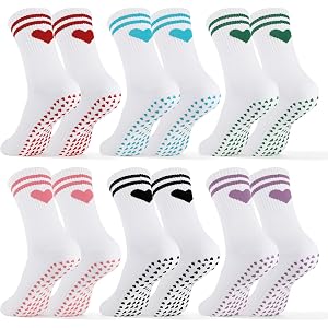 soxitoevy 6 Pairs Women Pilates Socks with Non Slip Grippers, Heart Stripe | Cute Heart Stripe Non-Slip Crew Socks, Ideal for