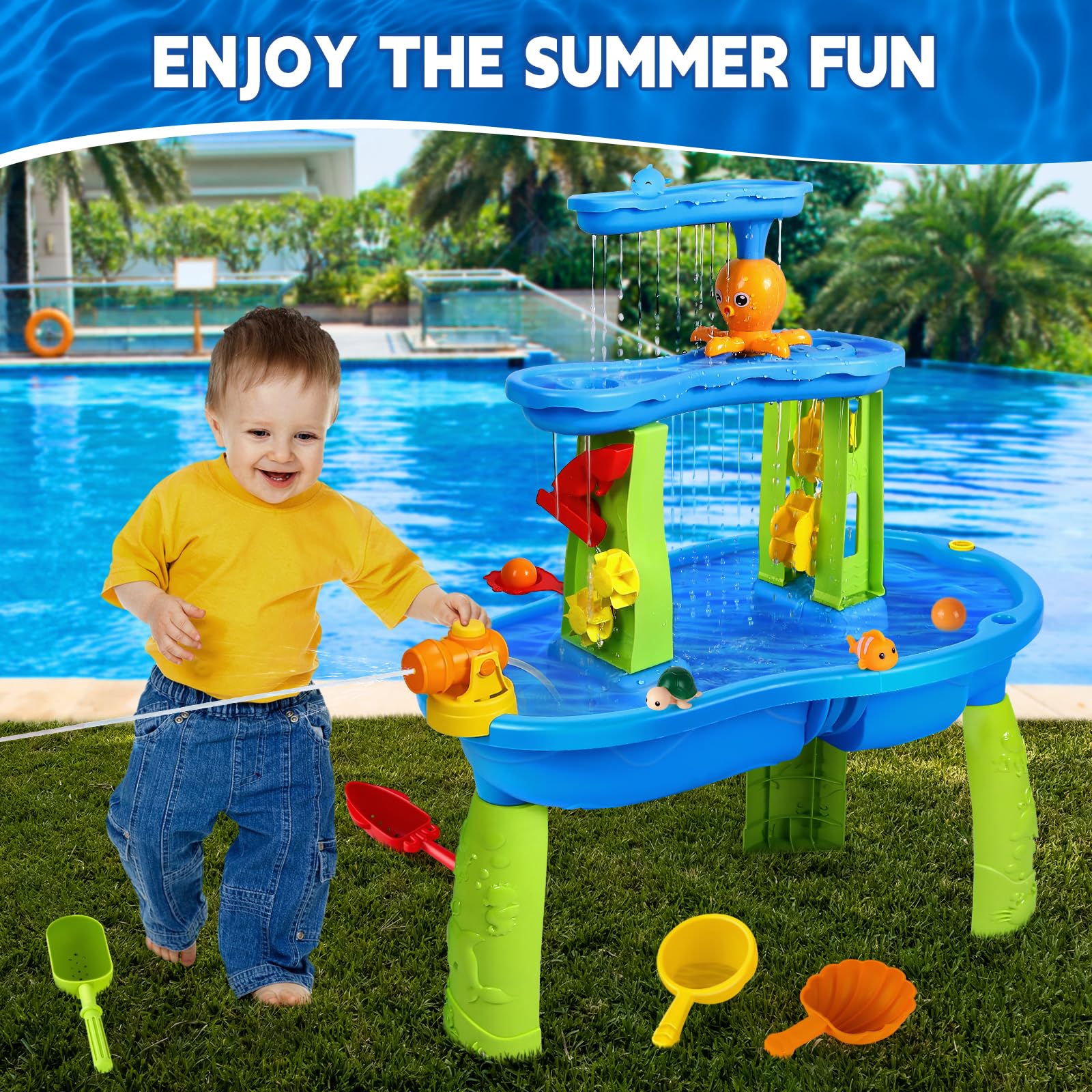 SUPER JOY Water Table for Toddlers 3-5 | 3-Tier Kids Water Table for Outdoors Play | Kids Activity Table Toddler Sand Table with Rain Showers Splash Pond for Boys Girls 3 4 5 6 7 8