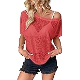Hilinker Women's Sheer Off The Shoulder Tops See Through Sexy Short Sleeve Mesh Shirt Summer