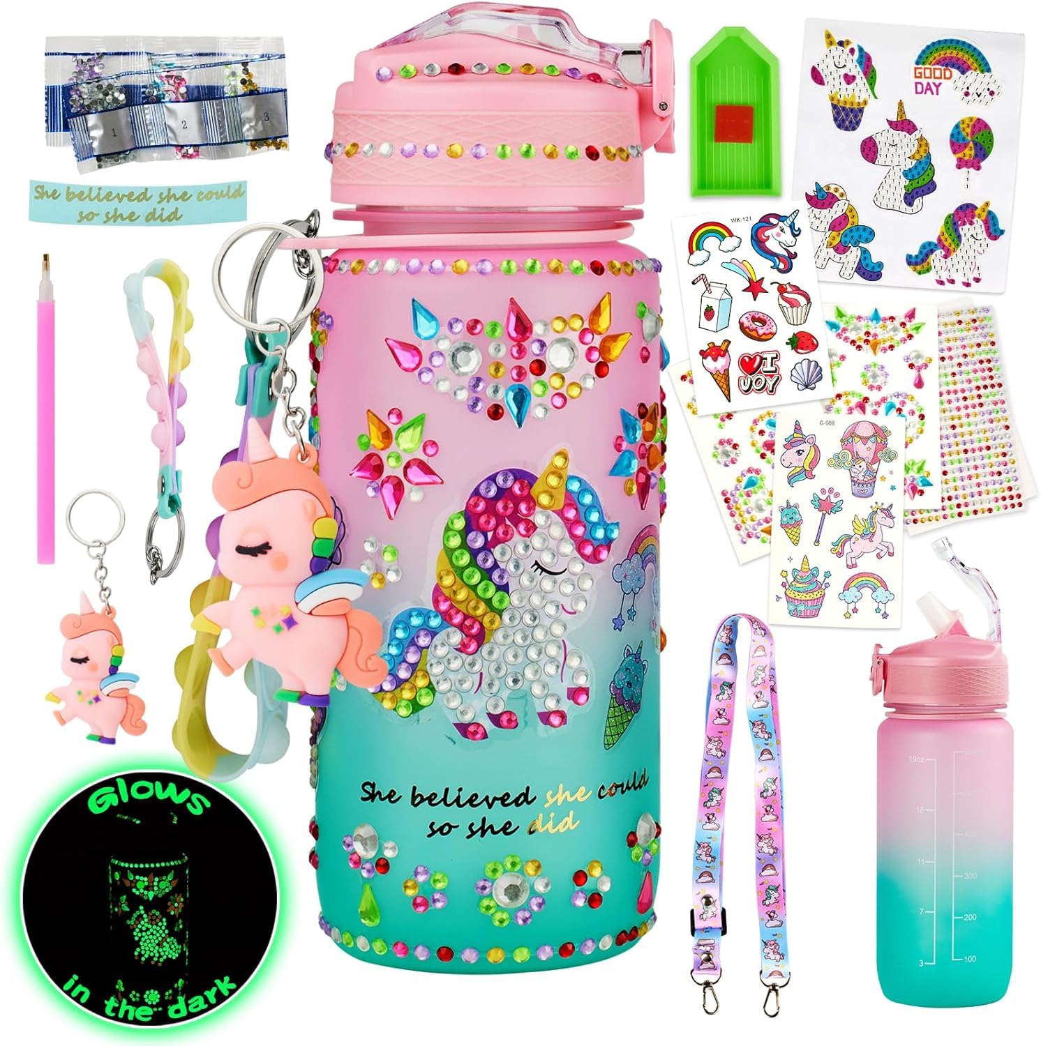 Bemetu Glow in The Dark Decorate Your Own Water Bottle Kit, Unicorn Diamond Painting Crafts, Leak-Proof Water Bottle with Straws Convenient Nozzles and Sparkling Diamond Stickers, Fun Gifts Idea