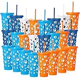 Newtay 24 Pieces Dog Paw Cups with Straws and Lid 24 oz Reusable Plastic Tumbler Black Blue Orange Dog Paw Cups Bulk for Cartoon Birthday Gender Reveal Party Favors Decoration Supplies