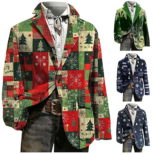Mens Christmas Suit Jacket, Fashion Xmas Tree Print Coat Ugly Christmas Corduroy Jacket Slim Fit Lapel Jackets with Reindeer Snowflakes Vintage Leisure Holiday Party Costume