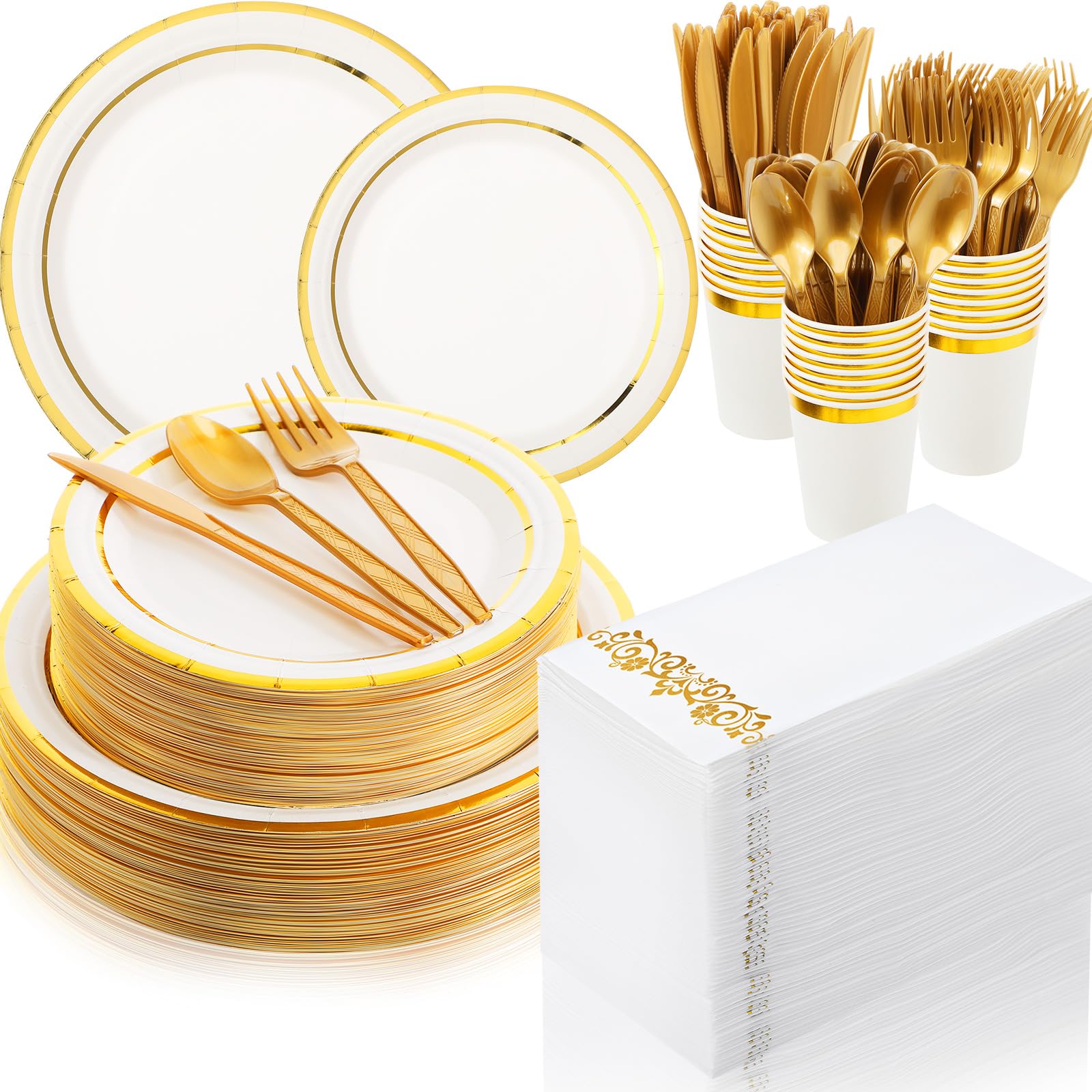 Photo 1 of meekoo 350 Pcs yellow Plastic Dinnerware Set Disposable Paper Plates for 50 Guests 9in and 7in Dinner Dessert Plates Napkins Gold Rimmed Cups Knives Forks Spoons for Party Wedding (Round)