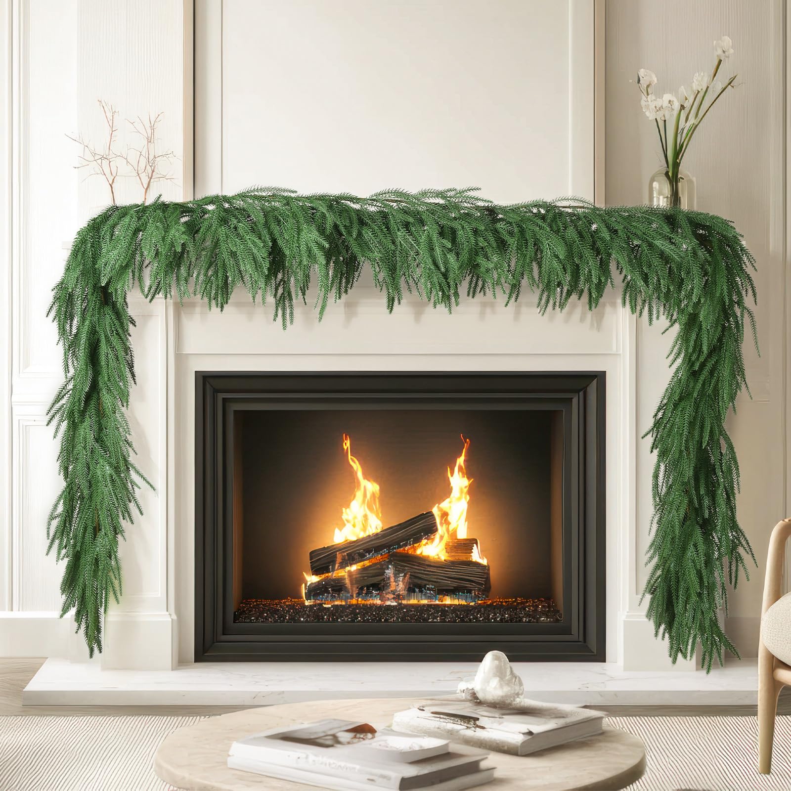 Photo 1 of 2 Pcs 9FT Norfolk Pine Garland (18FT Total): Real Touch Artificial Christmas Greenery with 180 Branches, Premium Decor for Mantle, Table, Wall, Indoor/Outdoor(Dark Green)