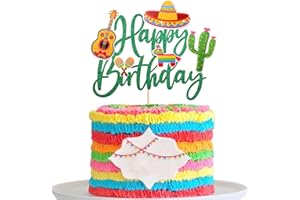 ZHUOWEISM 1 PCS Mexican Fiesta Happy Birthday Cake Topper Glitter Cactus Donkey Maraca Sombrero Guitar Cake Pick for Mexican Fiesta Theme Baby Shower Birthday Party Cake Decorations Supplies