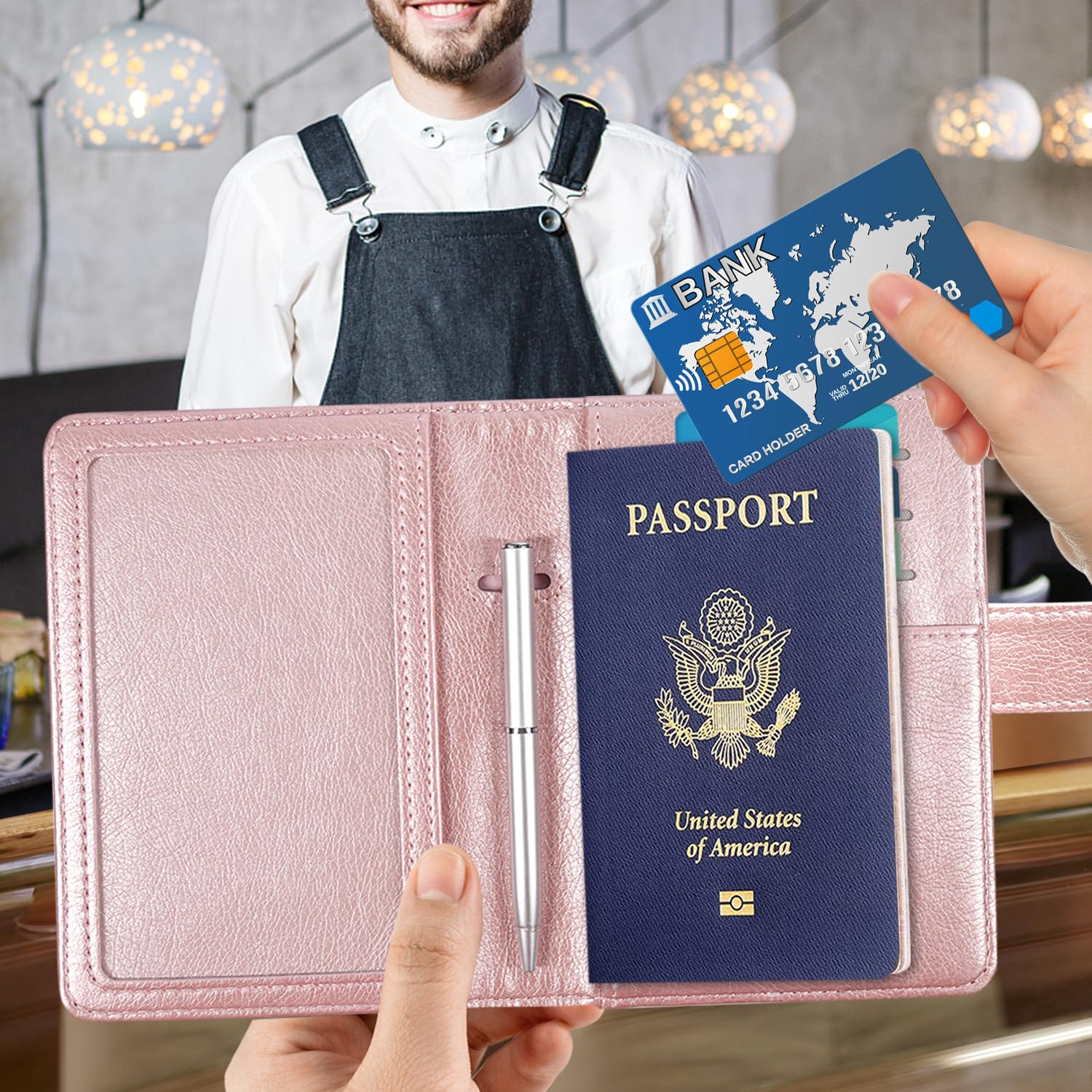 ACdream Passport and Vaccine Card Holder Combo, Cover Case with CDC Vaccination Card Slot, Leather Travel Documents Organizer Protector, with RFID Blocking, for Women and Men, Rose Gold