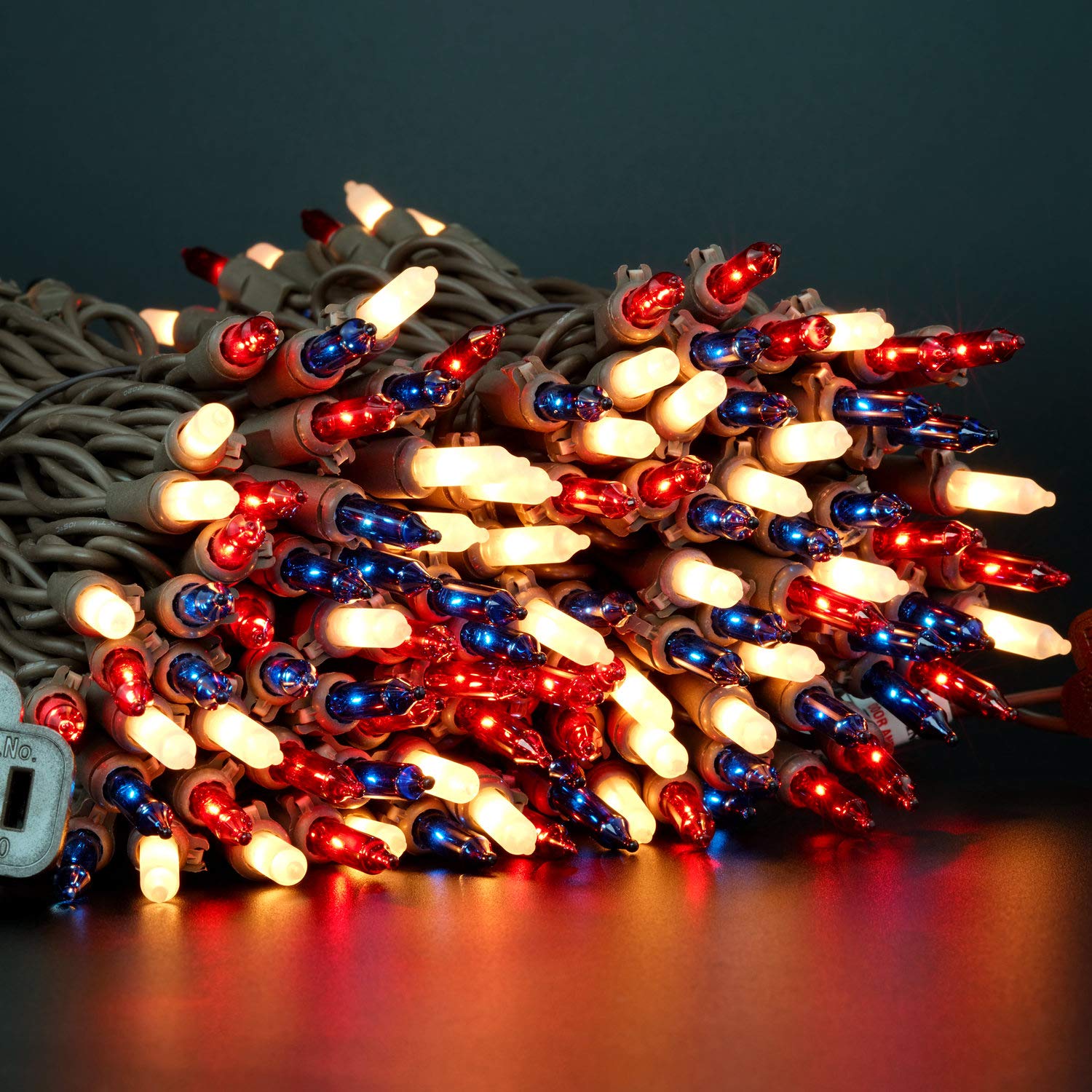 Red White & Blue String Lights with Brown Wire, 66 Ft 200 Count UL