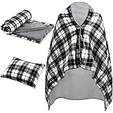 Hahafelt Buffalo Plaid Plush Wearable Blanket Black White Fleece Travel Blanket Women Pillow 2 in 1 with Sleeves and Buttons Lap Throw Shawl for Office Sofa Winter Christmas Warm Accessories Gifts