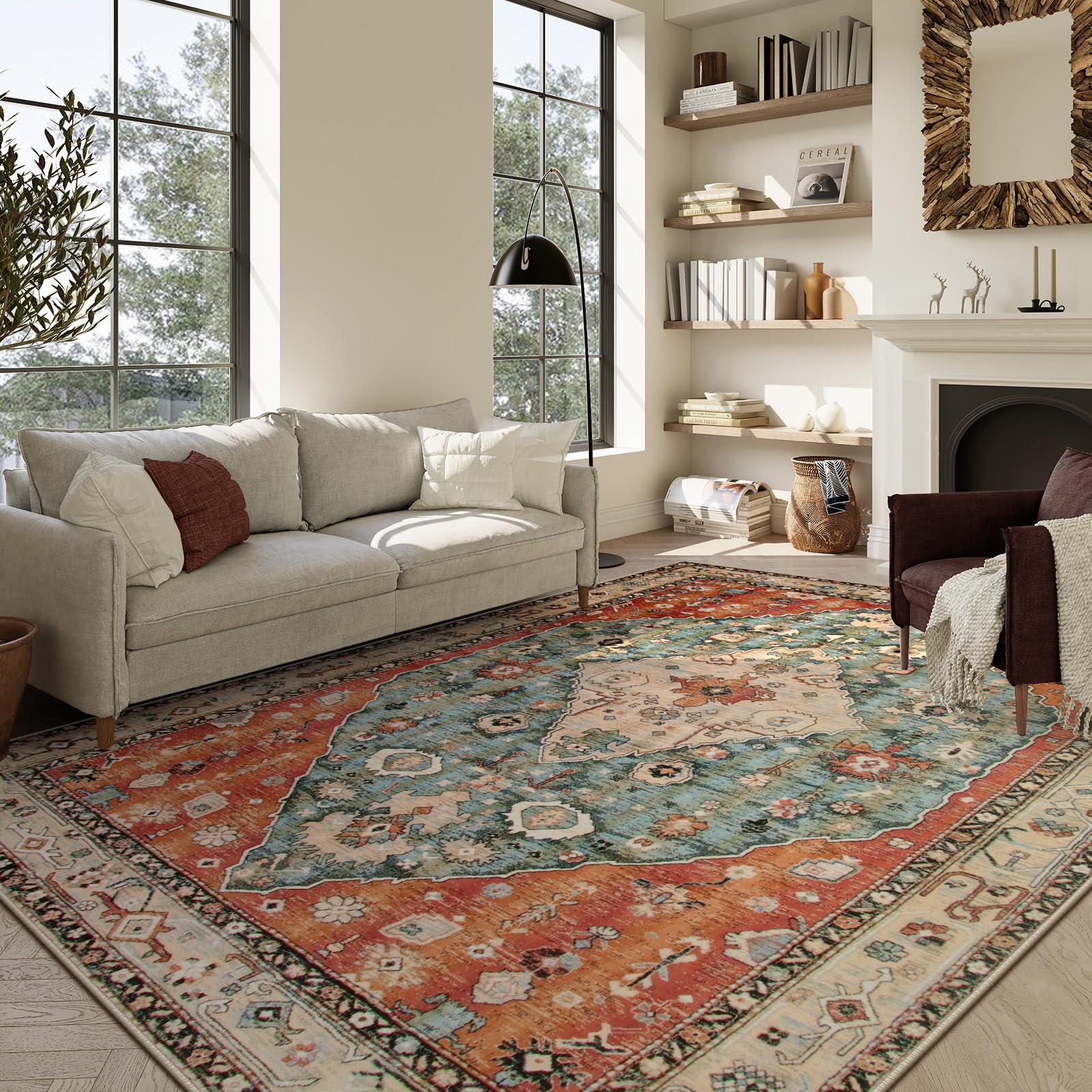 Lahome Boho Tribal Washable Area Rugs 9x12 Living Room, Soft Bedroom Rug Non Slip Dining Room Rugs for Under Table, Large Oriental Vintage Throw Carpet for Famliy Room (Rust/Dull Teal,9x12ft) Image