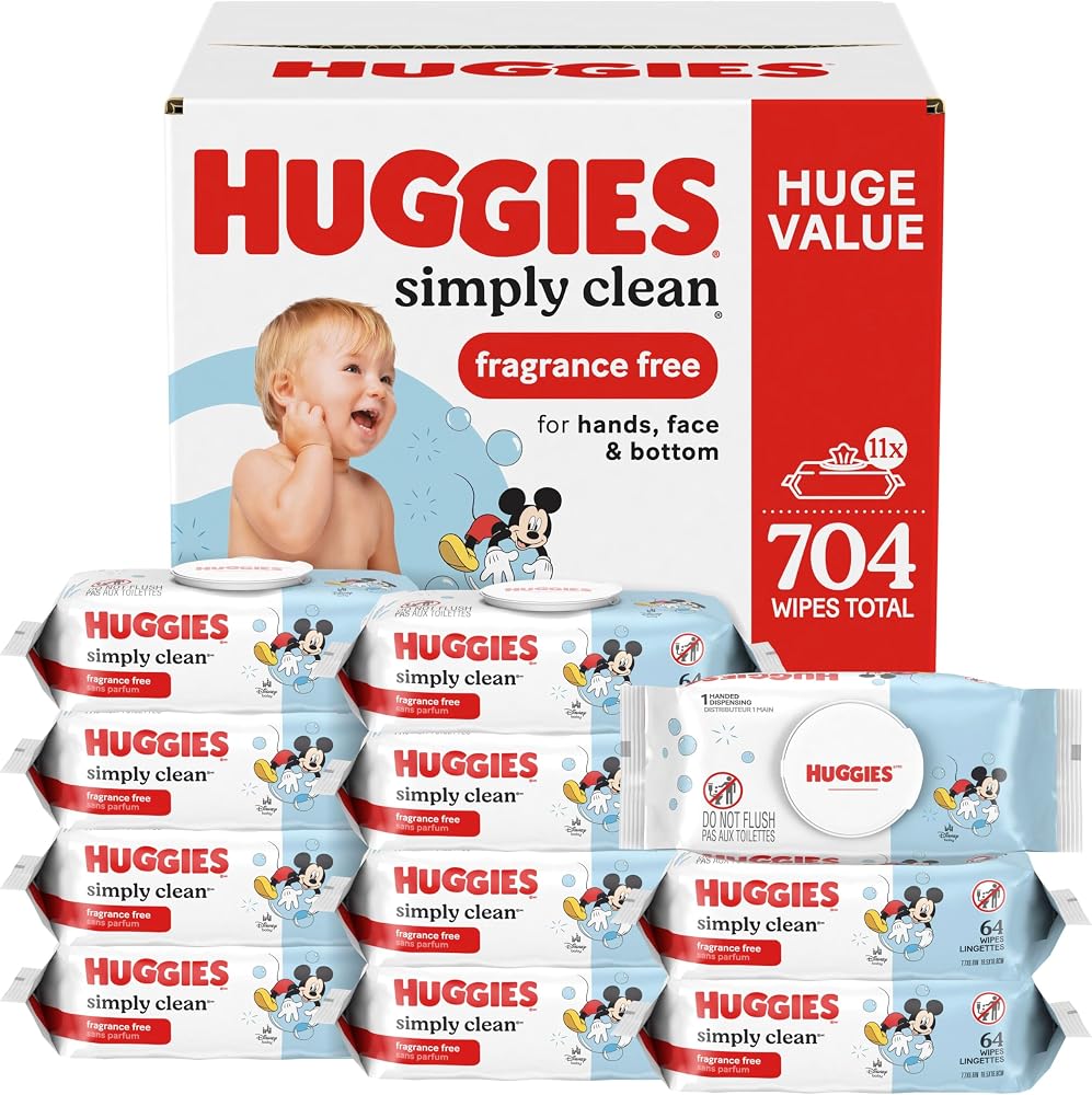 Huggies Simply Clean Baby Wipes, Unscented, 11 Packs, 704 Wipes | Fragrance Free, Soft & Strong, Everyday Cleanup, Thick & Ab