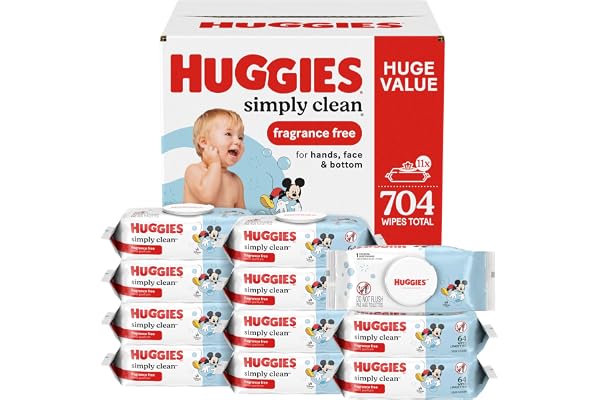 Huggies Simply Clean Unscented Baby Diaper Wipes, 11 Flip-Top Packs (704 Wipes Total), Packaging May Vary