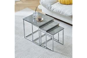 nozama Set of 3 Square End Table Side Table Nesting Nightstand Chrome Finish Contemporary Furniture Home Living Room for Small Space Faux Marble Gloss Gray