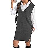 Zeagoo Women's V Neck Sweater Vest Dress Oversized Sleeveless Casual Pullover Sweater Fall Winter Knit Slit Short Dress