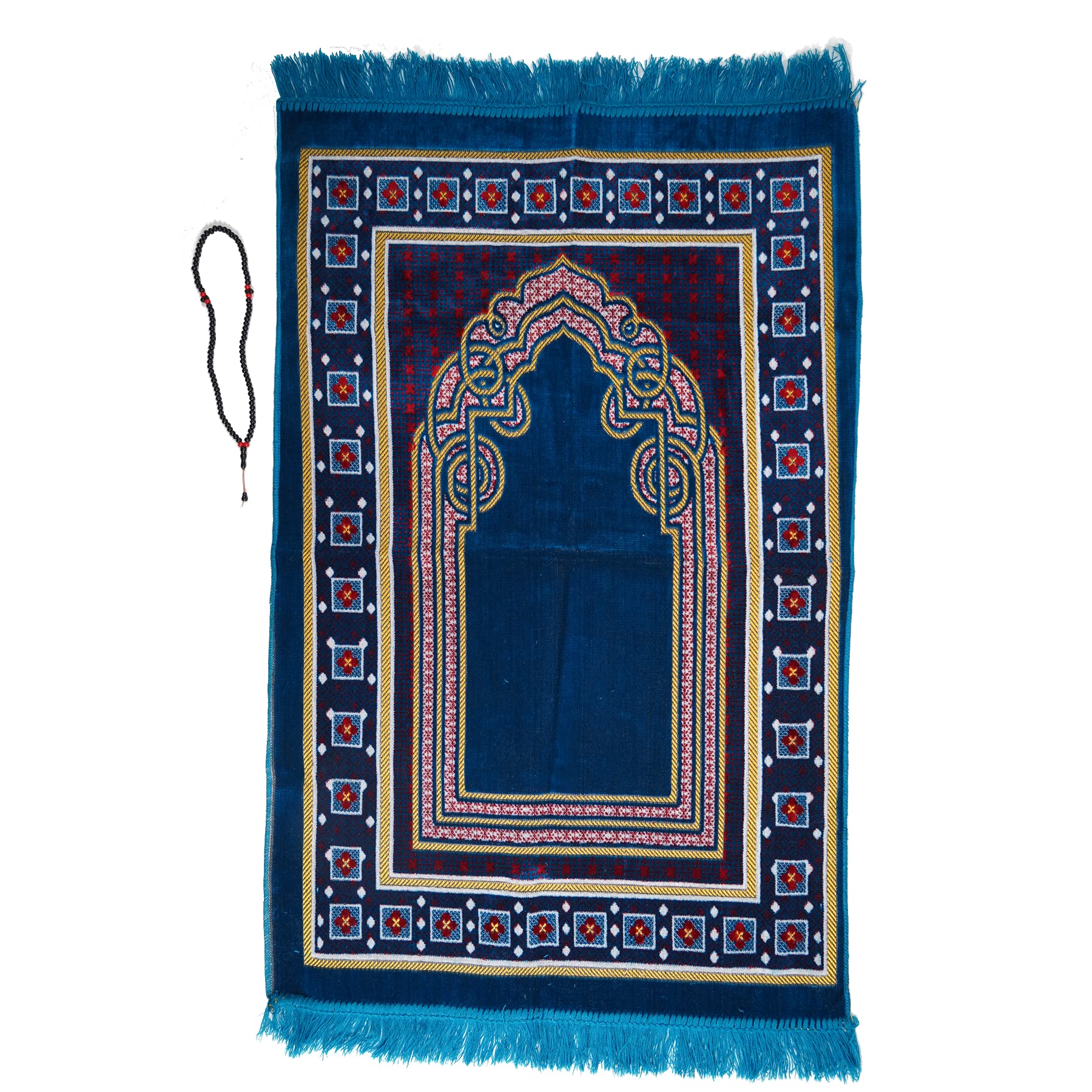 Prayer Mat/rug with Prayer Beads Tasbih mihrab style Islamic Namaz Lightweight soft Muslim Carpet Turkish Janamaz Namaz Sajadah, Ideal for Travel/Home/Office/Masjid/Hajj/Umrah (Blue)