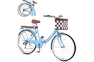 SAHISTCT 24/26 Inch Folding Beach Cruiser Bike for Women,7 Speed Hybird Commute Bicycles,Womens Bicycle with Basket for Adults, Dual V-Brake and Adjustable Seat