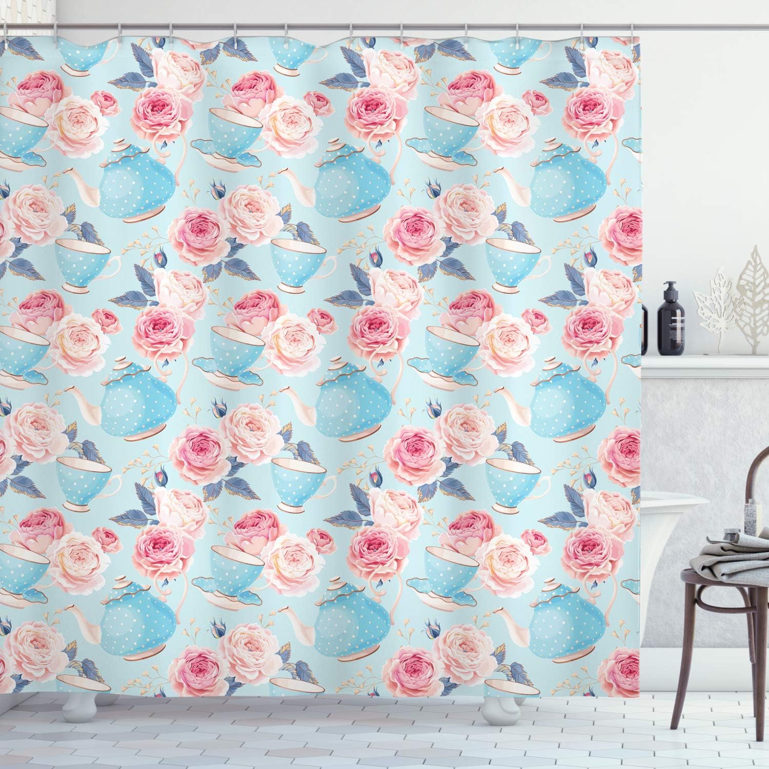 Amazon Com Ambesonne Vintage Shower Curtain Flowers Roses Vintage Teapot Cups Leaves With Blue Backdrop Cloth Fabric Bathroom Decor Set With Hooks 70 Long Baby Blue And Pale Pink Home Kitchen