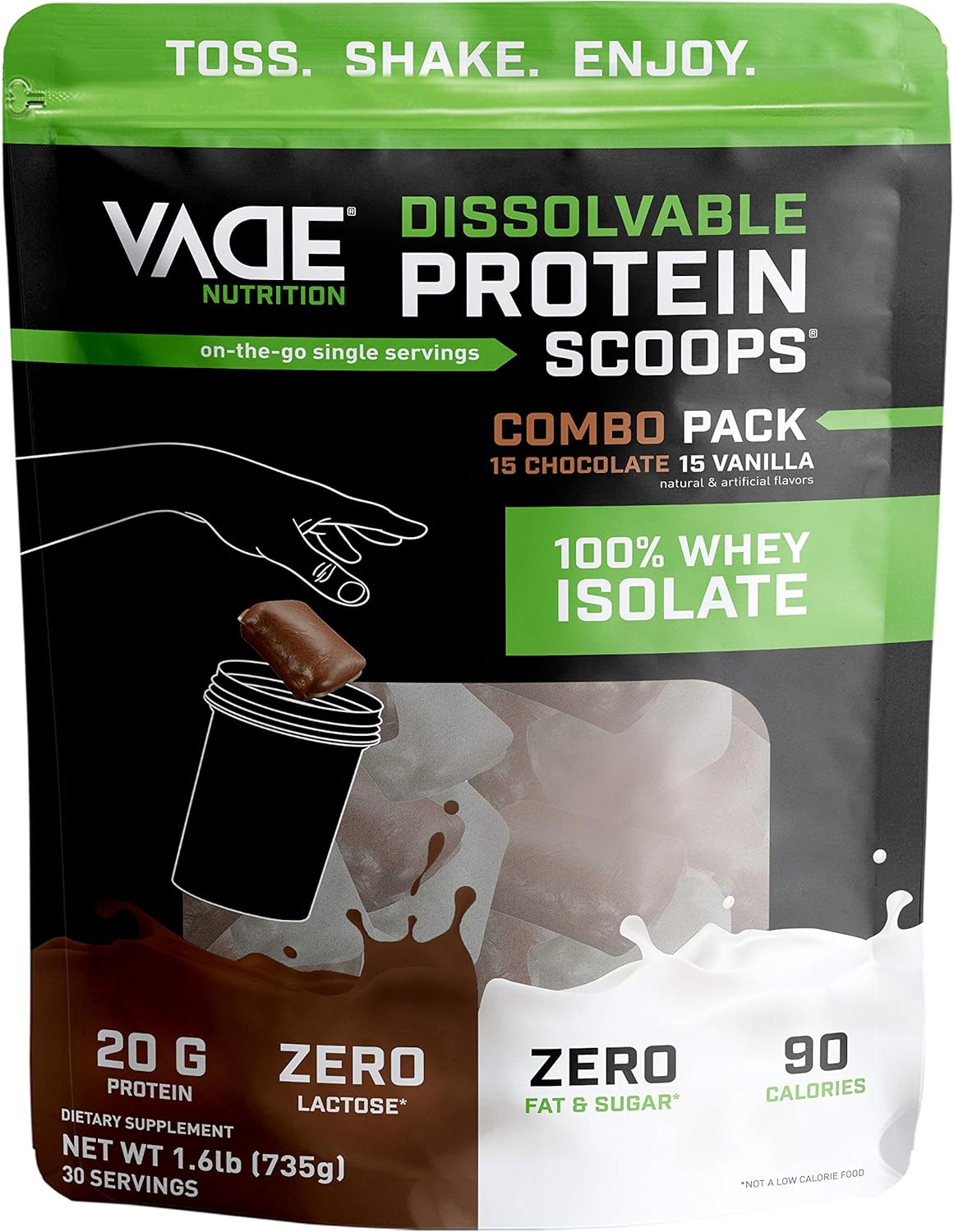 Vade Nutrition Dissolvable Protein Scoops | Chocolate & Vanilla Whey Isolate Protein Powder, On-The-Go, Low Carb, Low Calorie, Lactose Free, Gluten Free, Fat Free, Sugar Free, Lean, Combo 30 Servings