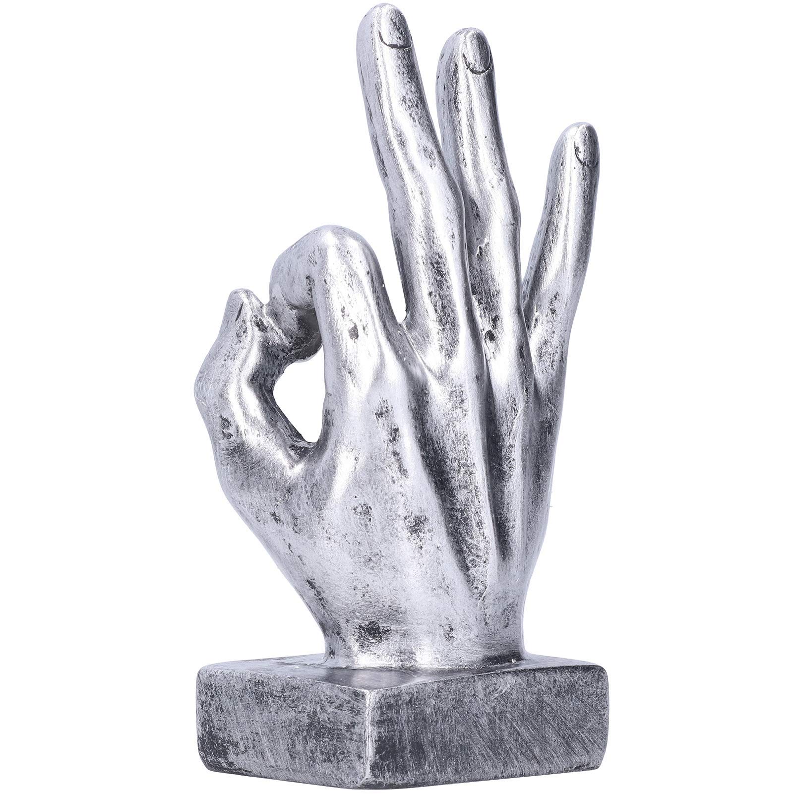 HERCHR Silver Polyresin Hand Gesture Sculpture, Desk Statues Finger Sculpture Decor Ok Fingers Resin Abstract Art Handmade Statue for Office Desk, Bookcase Display, 2.1x2.8x6.3inch