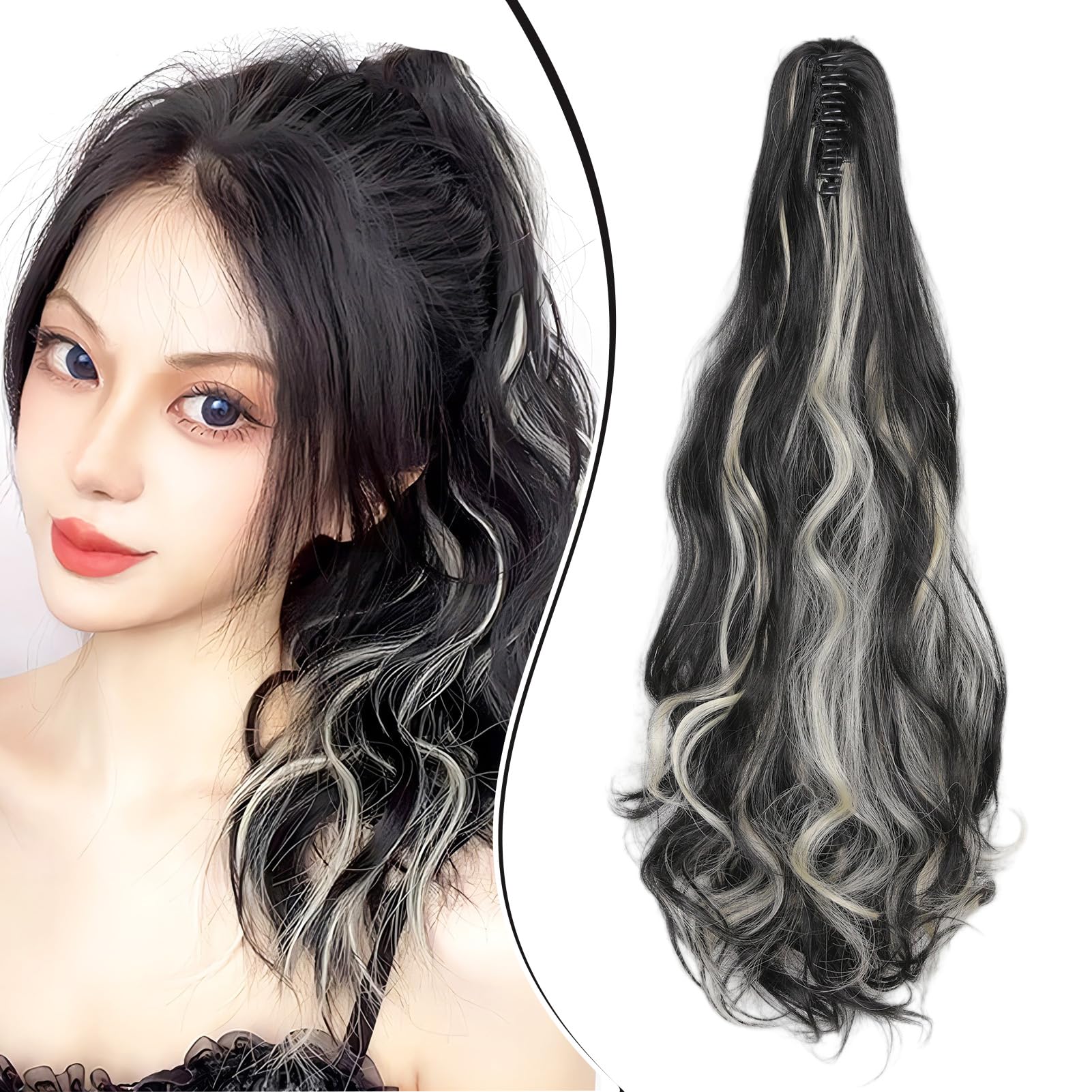 Dcbaboo Ponytail Extension Curly 18inch Claw Clip in Ponytail Hair Extensions Long Wavy Synthetic Pony tails Natural Wave One Piece Hairpiece Fake Ponytail for Women, Natural Black & Bleach Blonde