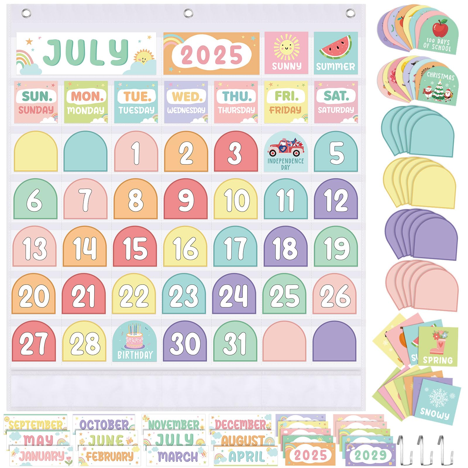 Photo 1 of Fulmoon Classroom Calendar Pocket Chart Set Calendar Bulletin Board Set with Pocket Seasons Festival Weather Date Bag Chart for Classroom Decoration Back to School Supplie(White,Pastel)