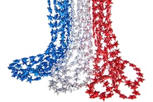 Liatunou 12 Pieces 4th of July Beads Necklaces Metallic Patriotic Star Necklaces Red Silver Blue Beads for Independent Day Party Supplies Parade