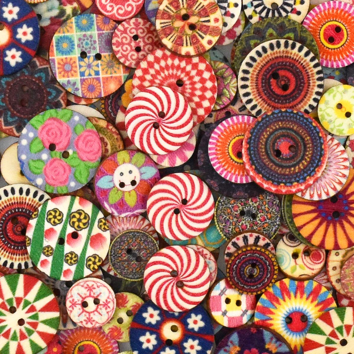 100 Pcs Wooden Mixed Round Assorted Colorful Retro Buttons - Flower Geometric Painting Wood Sewing With 2 Holes for DIY Handmade Arts Knitting Decoration 20 mm