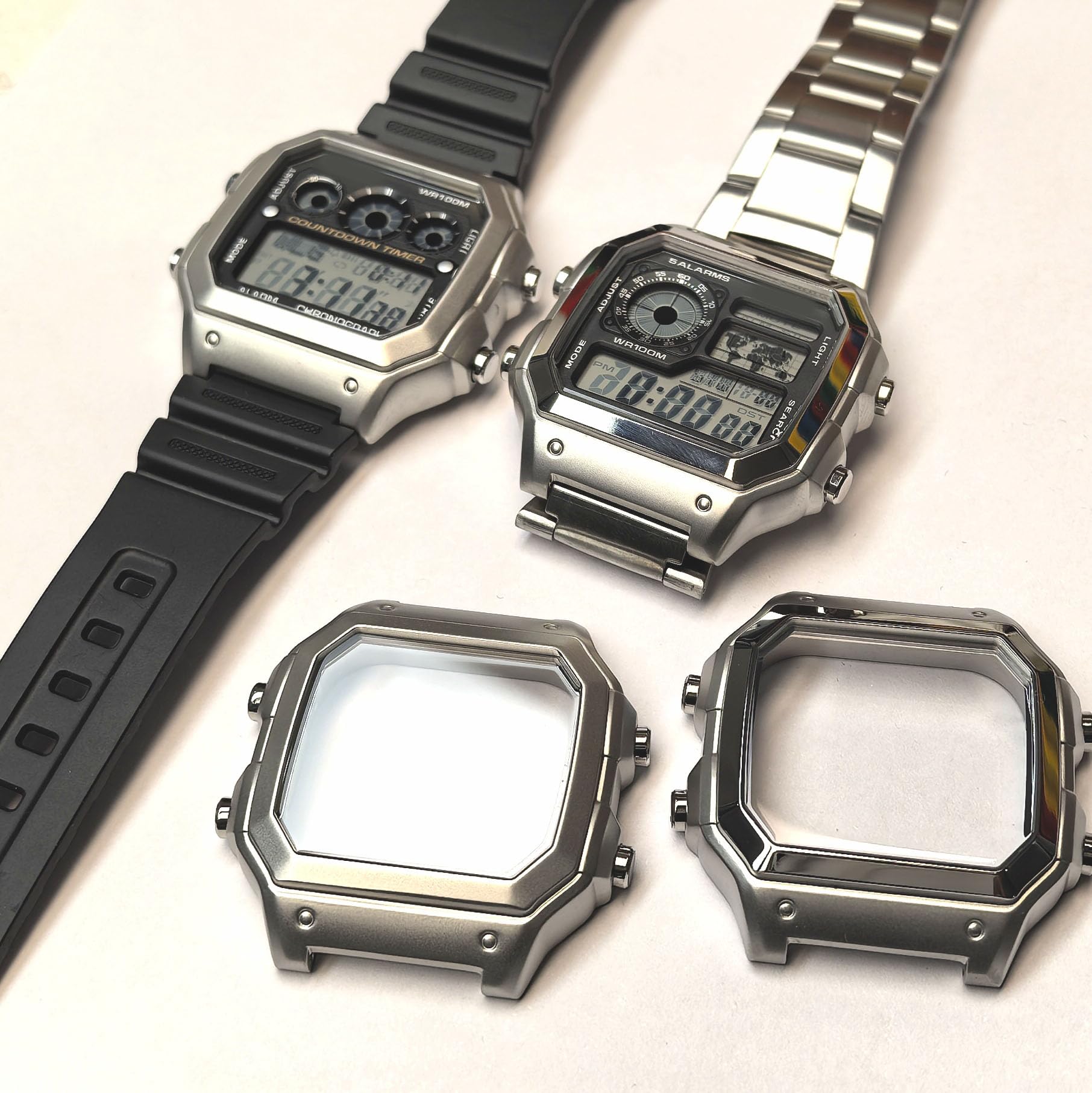 For AE-1200WH Watch steel Case ae1200 Mod kit Stainless Steel Watch metal case (case gloosy silver)