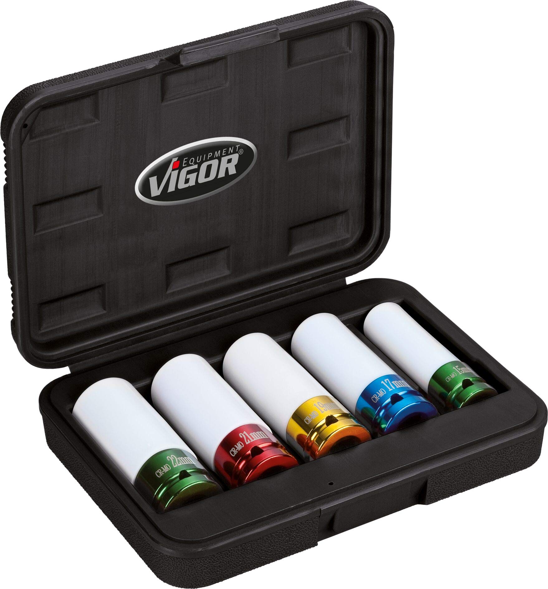 Set di chiavi a bussola ViGOR V2257, attacco Quadrato da 12,5 mm (1/2 pollice), larghezza trasversale 17 21 mm, con bussola in plastica, montaggio di pneumatici con cerchioni in alluminio