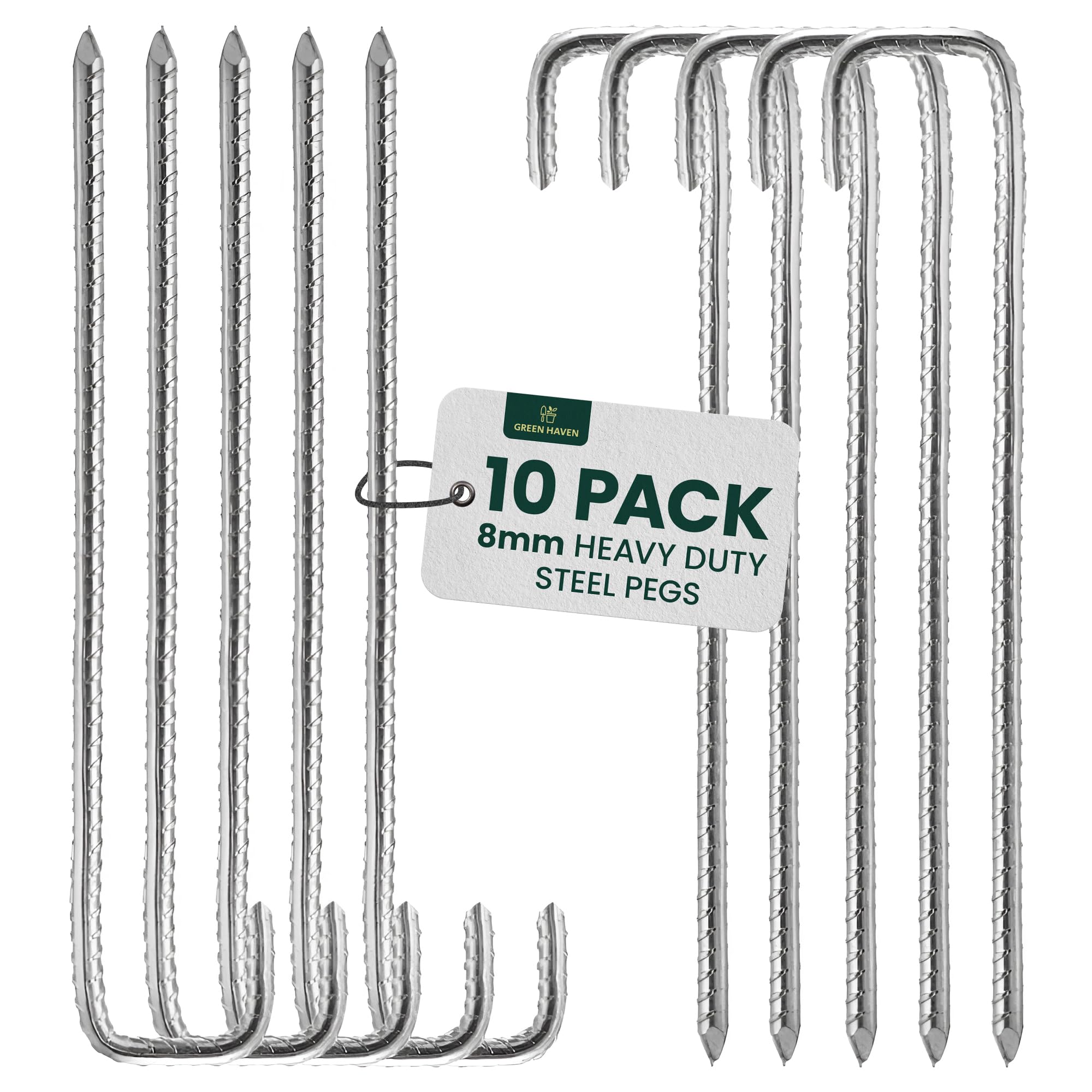GREEN HAVEN Heavy Duty Tent Pegs Pack of 10-8mm x 12 inch Extra Thick Tent Metal Camping Pegs, Rust Proof J-Pin Thick Peg, Ideal for Agricultural Fences, Camping, Garden