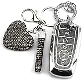 YIKECASE Key Fob Cover with Diamond Keychain for Women, Car Key Holder Compatible with Ford Explorer Fusion Edge Expedition F150 F250 F350 F450 F550 Maverick Mustang, 5 Buttons (Black-Heart)