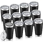 HZJSTSWQ 20 oz Tumbler Bulk with Lid Stainless Steel Insulated Tumblers Double Wall Vacuum Coffee Mug Powder Coated Tumbler Cups for Cold and Hot Drinks, Black, 12 pack
