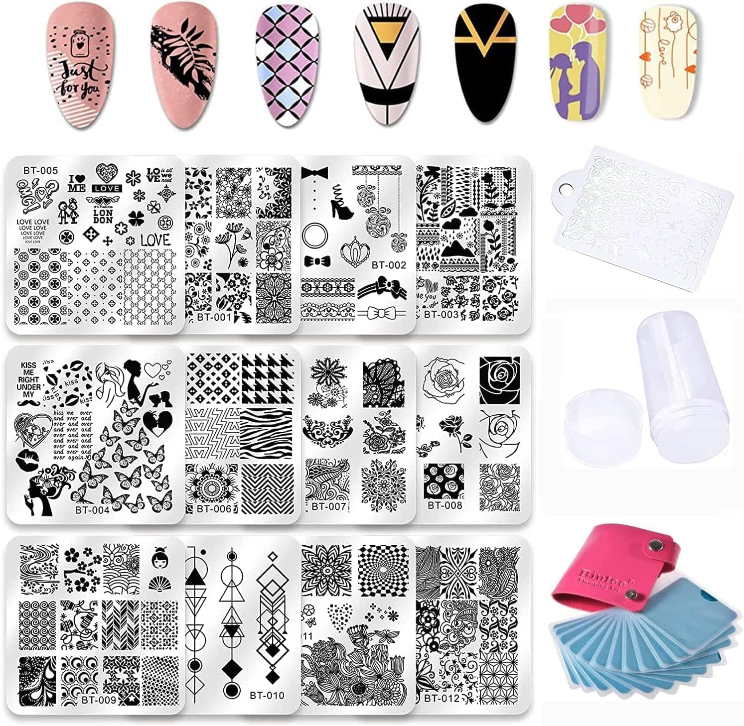 Biutee 12 PCS Round Nail Stamp Plates Kit,Geometric Patterns Nail Template for Nail Salon Designs Image Stamp Plates Manicure Templates Nail Art Tools (12)