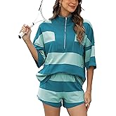 HOWALOOK Women's 2 Piece Striped Workout Set Oversized Zip Up Tee and Wide Leg Shorts Athletic Lounge Shirt and Shorts