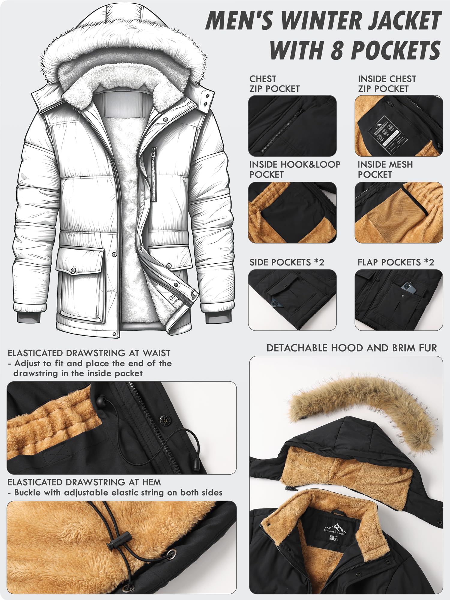 Peakwell Herren Warme Winterjacke Outdoor Winterparka Wasserdichte Daunenjacke Verdickte Arbeitsjacke Winddichte Wanderjacke für Männer, Schwarz, L 4