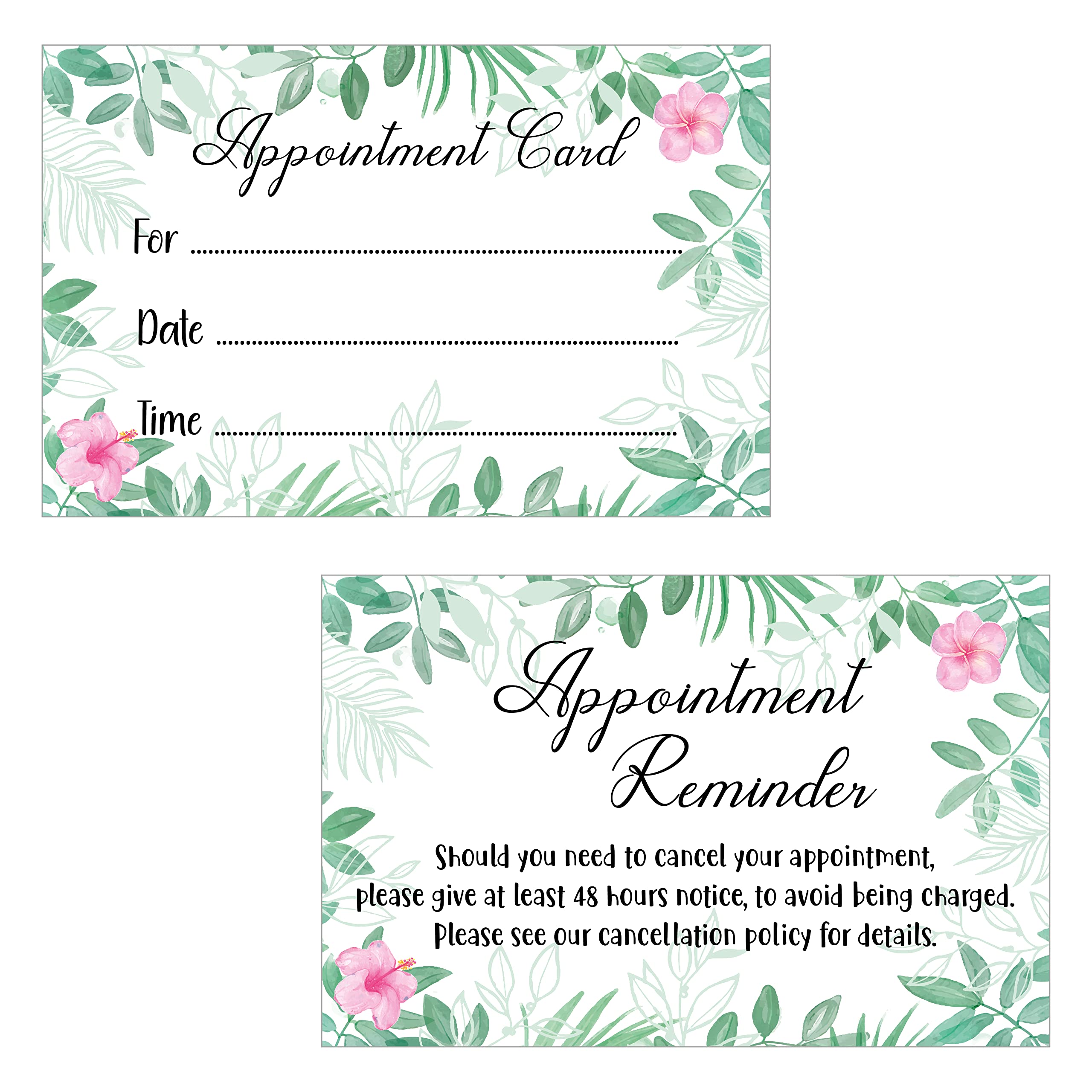 100 x Appointment Cards - Floral & Foliage Design - Client Reminder for Salon, Beauty, Hair, Massage, Lashes, Nails