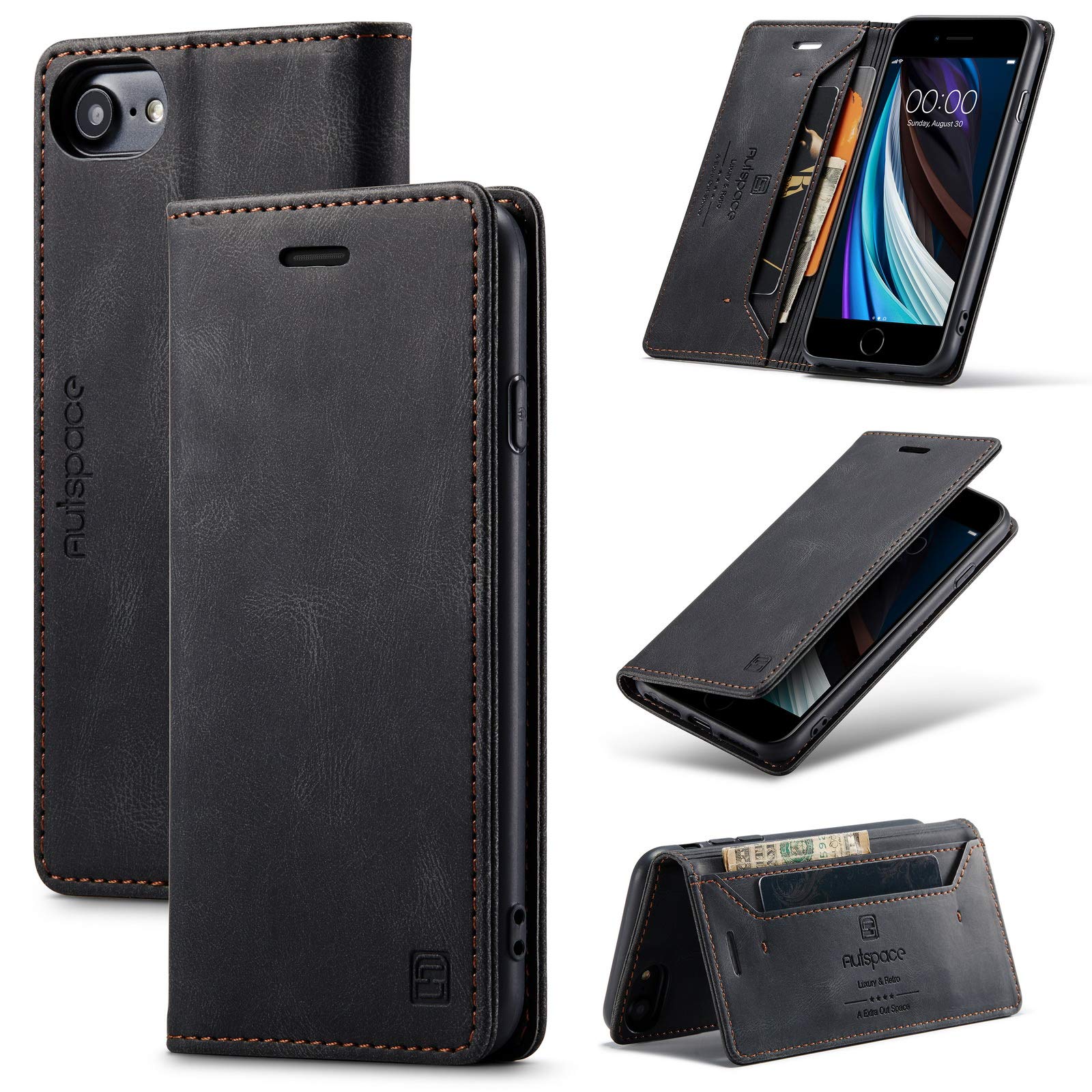 TOHULLE for iPhone 6 for iPhone 6S for iPhone 7 for iPhone 8 for iPhone SE 2020 Case, Vintage Wallet Case Card Holder Kickstand Built-in Magnetic Flip Folio Leather Case - Black — image 1