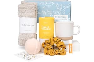 UNBOXME GIFTS Unboxme Sunshine Gift For Women | Self Care Package with organic herbal tea, fluffy cloud socks, ceramic mug, citrus bath bomb , beeswax lip balm, a fun floral scrunchie + a sending hugs card