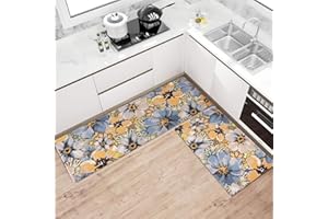 Anibedding Kitchen Rugs Anti Fatigue Comfort Stand Kitchen Mats Set of 2 for Home Decor, Floral Blue Yellow