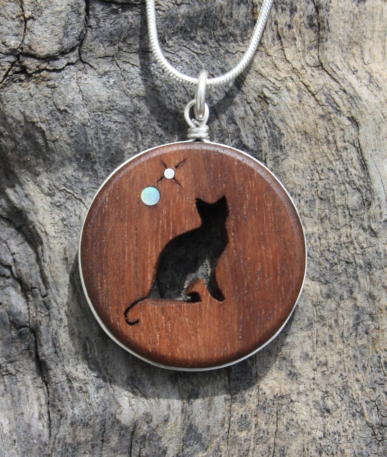 Wooden Cat Pendant, Walnut Cat Charm Necklace on silver