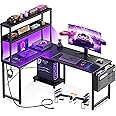 AODK L Shaped Desk Gaming Desk with LED Light & Power Outlet, 43 Inch Reversible L Shaped Computer Table with Shelf, Corner Desk with Storage Bag&Hook for Home Office Desk, Black
