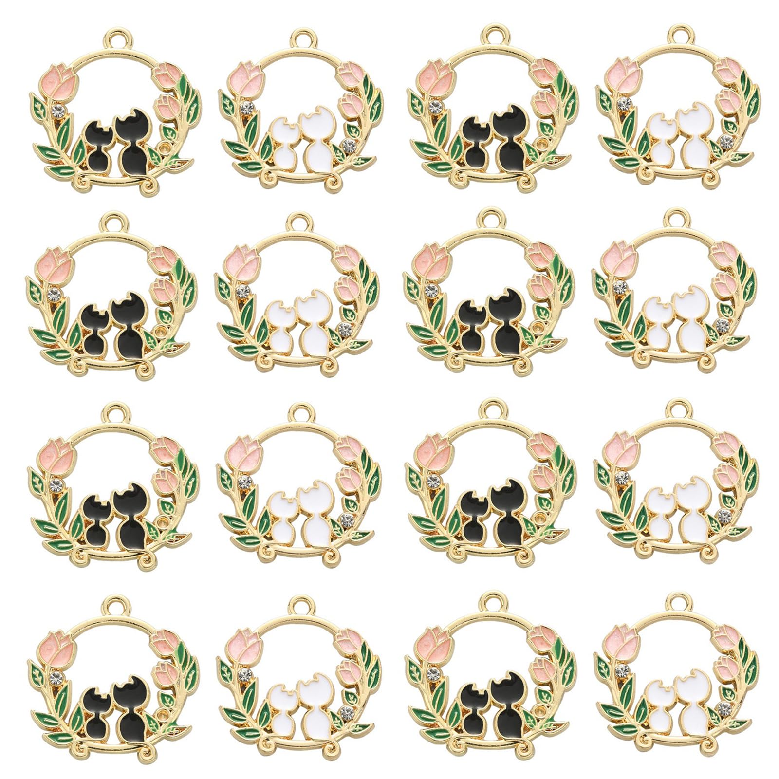 Stiesy 20Pcs 2 Colors Enamel Cat Charms Pendants Wreath with Black White Cat Charms Cute Animal with Flower Dangle Charms for DIY Jewelry Making Crafts