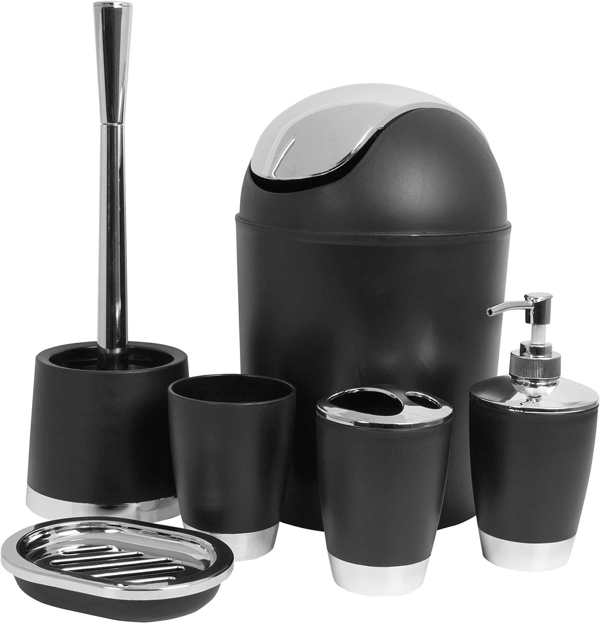 AnikaCo-ordinated Six Piece Bathroom Accessory Set Including Bin, Black, 21 x 21 x 30 cm