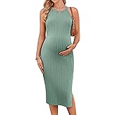 Ekouaer Maternity Dress Rib Knit Side Slit Stretchy Bodycon Pregnancy Dresses Halter Neck Sleeveless Pregnant Clothes