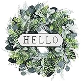 24'' Hello Door Wreath 24inch Boxwood Wreath Farmhouse Eucalyptus Flocked Lambs Ear Wreaths for Front Door Hanging Wall Window Party Decoration