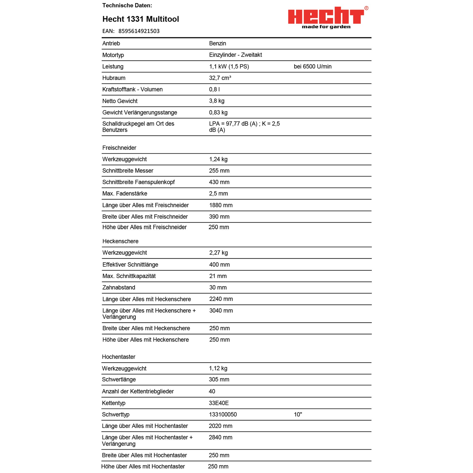HECHT Hochwertiges 4 in 1 Benzin Multifunktionsgerät - Starke 2 PS - Freischneider, Rasentrimmer, Hochentaster und Heckenschere in Einem I Mit idealer Verlängerung 8