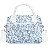 TESAFNG Lunch Box for Women Insulated Lunch Bag Cute Corduroy Lunch Tote Bags Lightweight Reusable Leakproof Cooler Bag with Adjustable Shoulder Strap for Work Office Travel Picnic (Blue Flower)